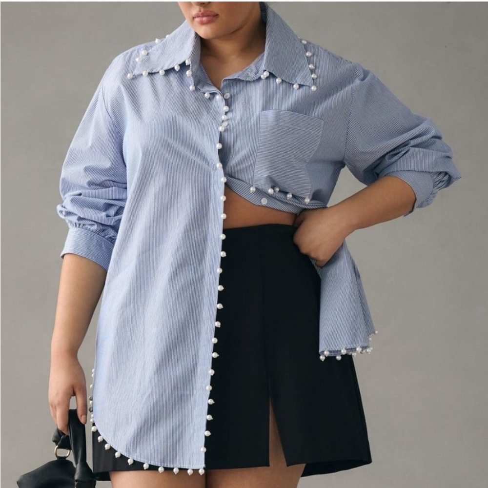 Anthropologie Hannah Lynn Embellished Buttondown Tunic Blue White Striped S